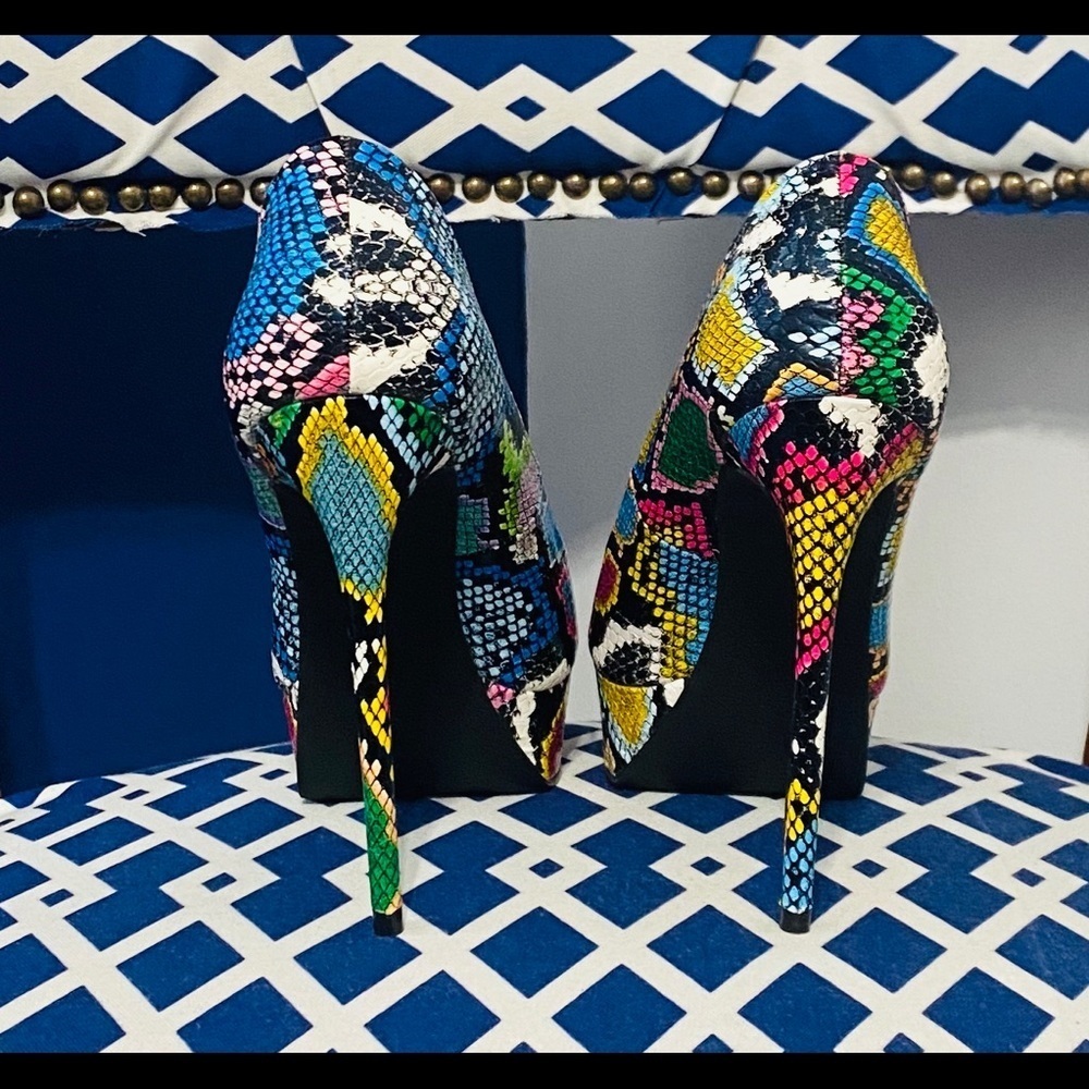 Multi Color Snake Print Pointy Peep Toe Platform … - image 5